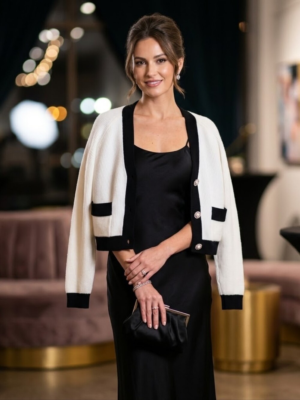 Laundry by Shelli Segal White Black Trim Pearl Button Cardigan Sz L NWT